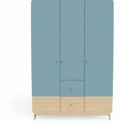 Armoire 3 Portes + 4 tiroirs FIRMIANA bleu orage et pin naturel