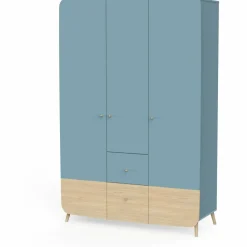 Armoire 3 Portes + 4 tiroirs FIRMIANA bleu orage et pin naturel