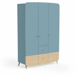 Armoire 3 Portes + 4 tiroirs FIRMIANA bleu orage et pin naturel