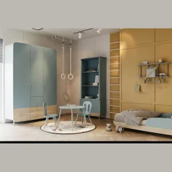 Armoire 3 Portes + 4 tiroirs FIRMIANA bleu orage et pin naturel