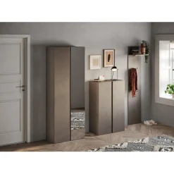 Armoire 2 portes de rangement Ferrare avec Miroir et 10 étageres réglables bronze et chêne L70x185