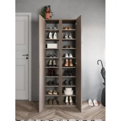 Armoire 2 portes de rangement Ferrare avec Miroir et 10 étageres réglables bronze et chêne L70x185
