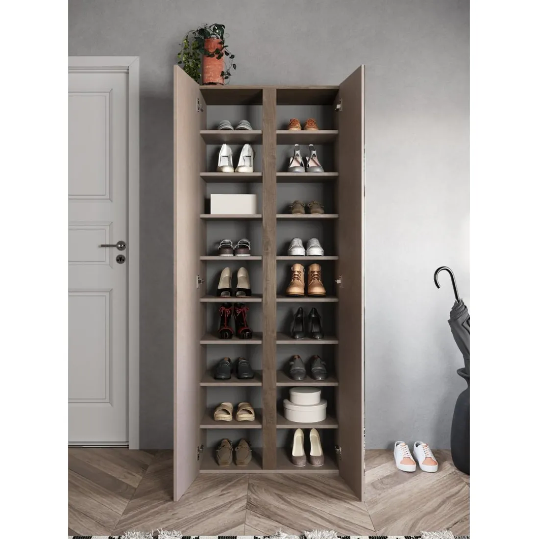 Armoire 2 portes de rangement Ferrare avec Miroir et 10 étageres réglables bronze et chêne L70x185