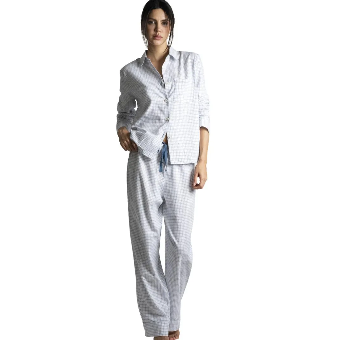 Audrey - Haut de pyjama manches longues bleu en coton