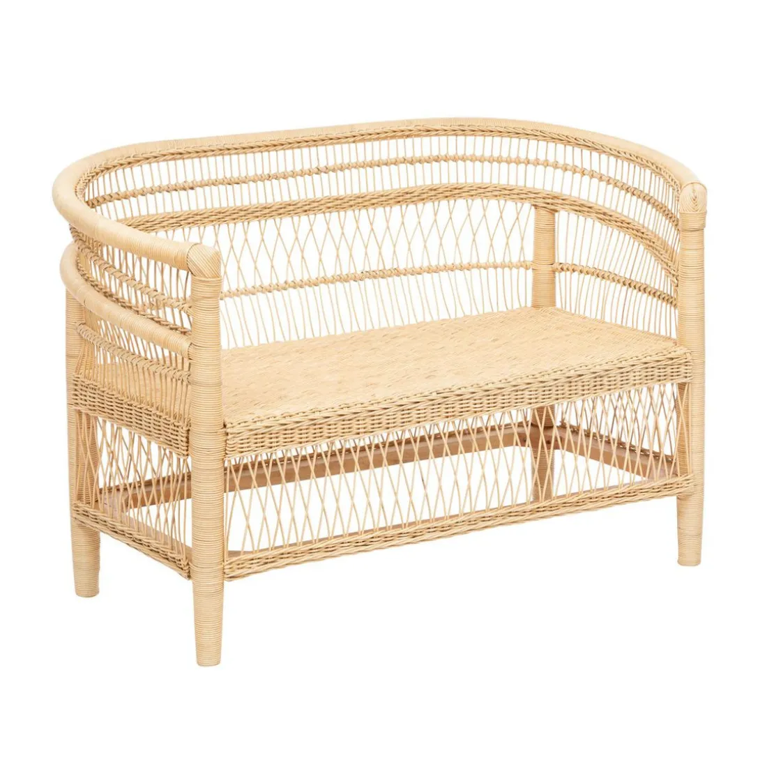 Banquette beige en rotin et acajou
