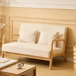 Banquette-banc OHAMA au style scandinaveen hévéa et velours beige Certifiée FSC