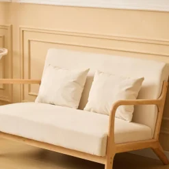 Banquette-banc OHAMA au style scandinaveen hévéa et velours beige Certifiée FSC