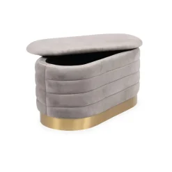 Banquette-coffre moderne matelassée avec base dorée Philae Velours Gris clair
