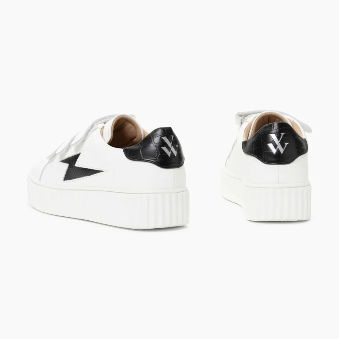 Baskets éclair Elsa blanc et noir croco à scratchs