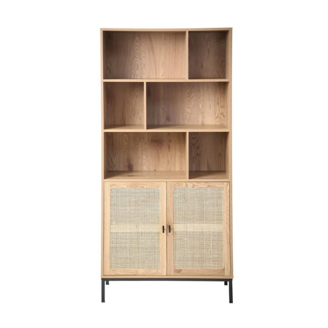 Bibliothèque 6 Cases et 2 Portes en Rotin Naturel en bois Beige