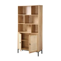 Bibliothèque 6 Cases et 2 Portes en Rotin Naturel en bois Beige