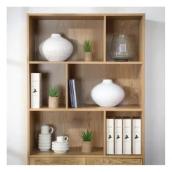 Bibliothèque 6 Cases et 2 Portes en Rotin Naturel en bois Beige