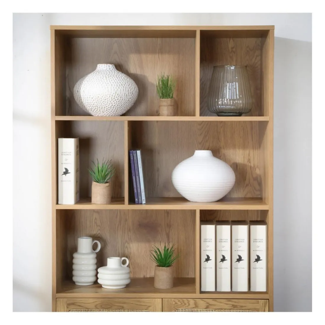 Bibliothèque 6 Cases et 2 Portes en Rotin Naturel en bois Beige