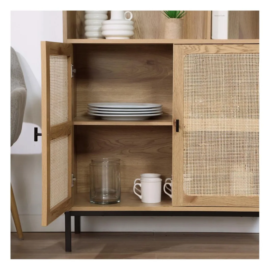 Bibliothèque 6 Cases et 2 Portes en Rotin Naturel en bois Beige