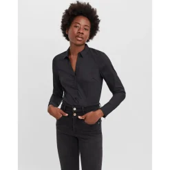 Blouse Col chemise Manches longues Longueur regular noir en coton