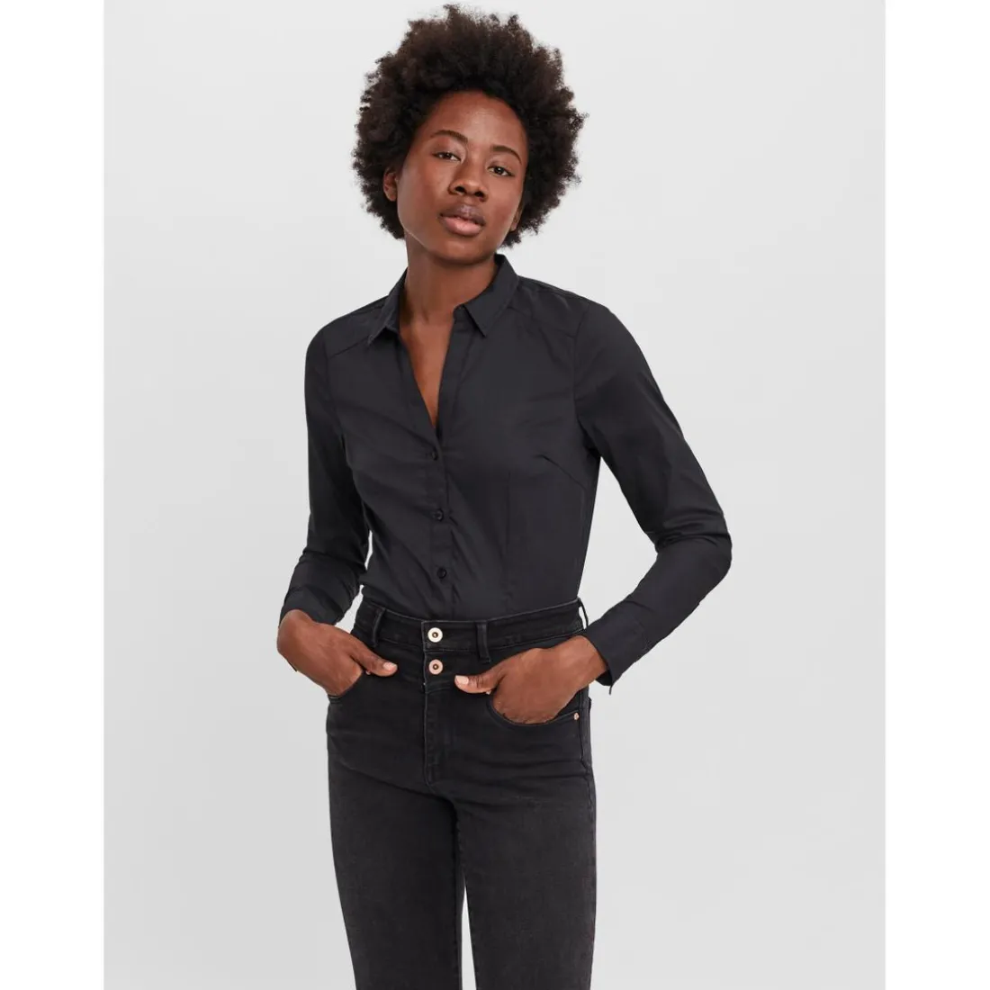 Blouse Col chemise Manches longues Longueur regular noir en coton