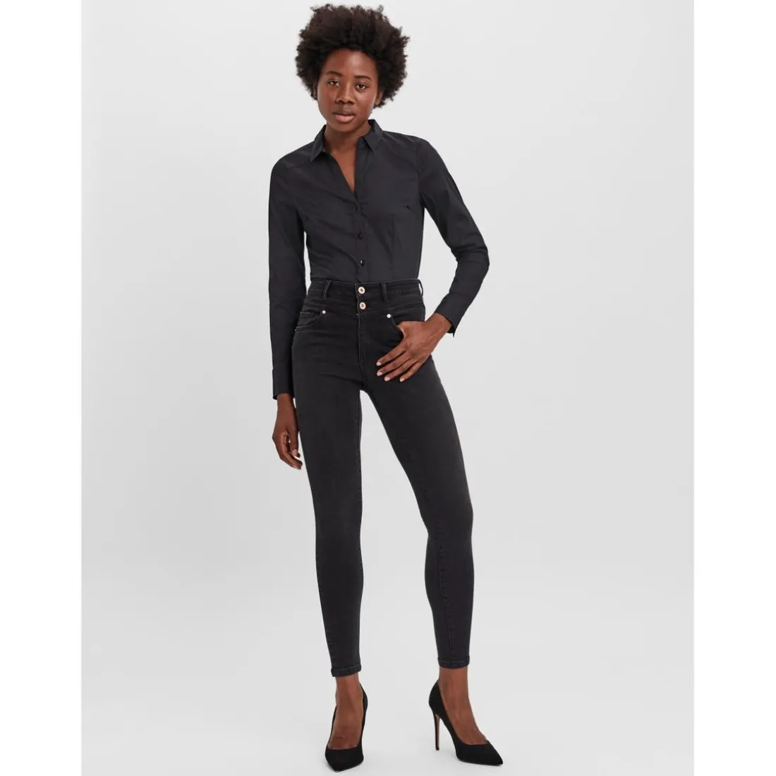 Blouse Col chemise Manches longues Longueur regular noir en coton