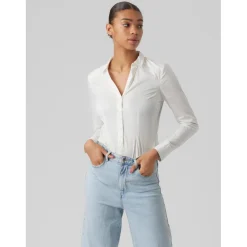Blouse Col chemise Manches longues Longueur regular blanc en coton