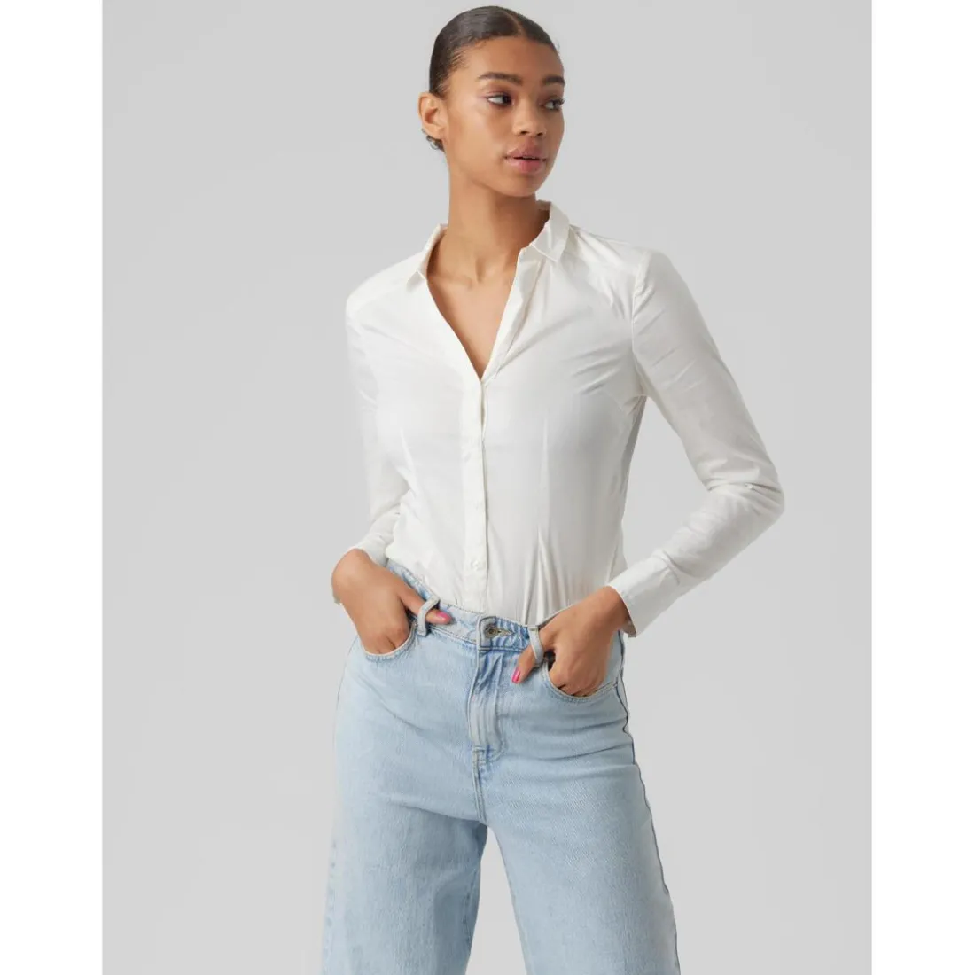 Blouse Col chemise Manches longues Longueur regular blanc en coton