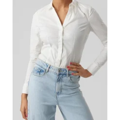 Blouse Col chemise Manches longues Longueur regular blanc en coton