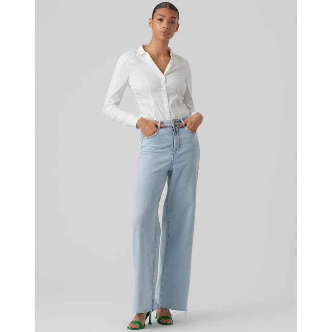 Blouse Col chemise Manches longues Longueur regular blanc en coton