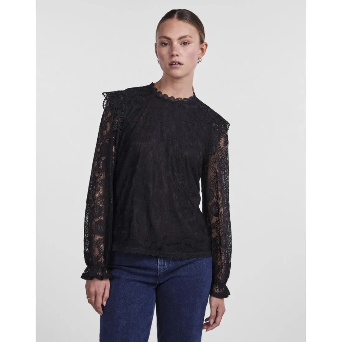 Blouse manches longues col rond noir en nylon