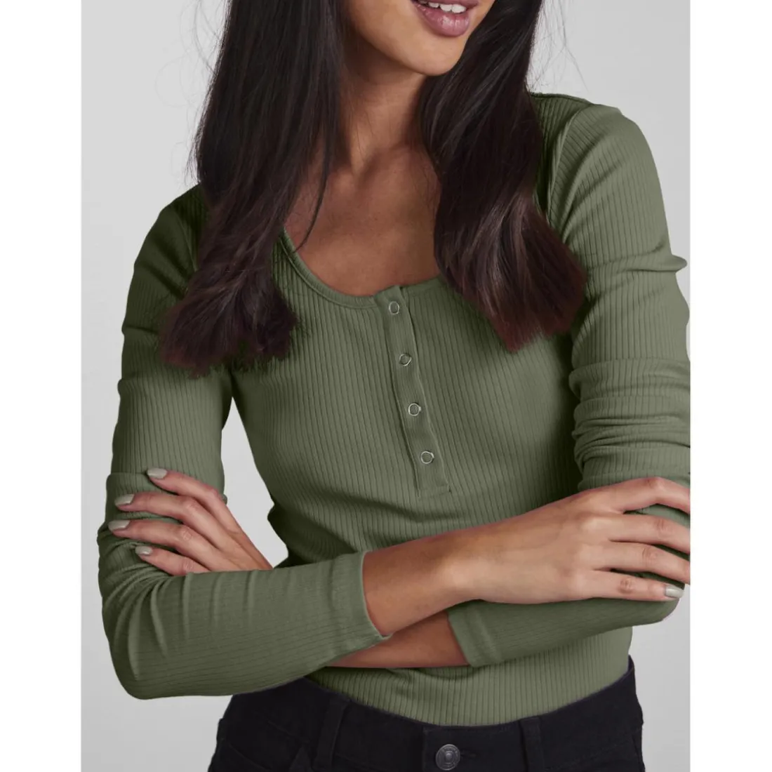 Blouse manches longues col rond vert Olia