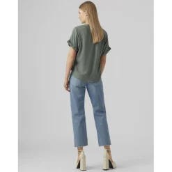 Blouse poignets repliés col fendu manches larges manches courtes vert en viscose Ida