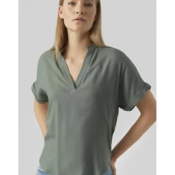 Blouse poignets repliés col fendu manches larges manches courtes vert en viscose Ida