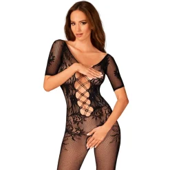 Bodystocking S/M/L - Noir Obsessive en nylon avec motif en lacet