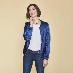 Bomber manches longues finitions en côtes femme - Bleu