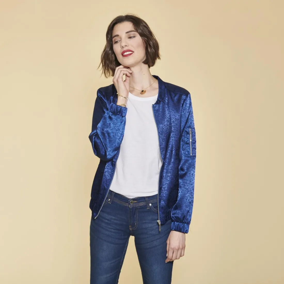 Bomber manches longues finitions en côtes femme - Bleu