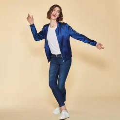 Bomber manches longues finitions en côtes femme - Bleu