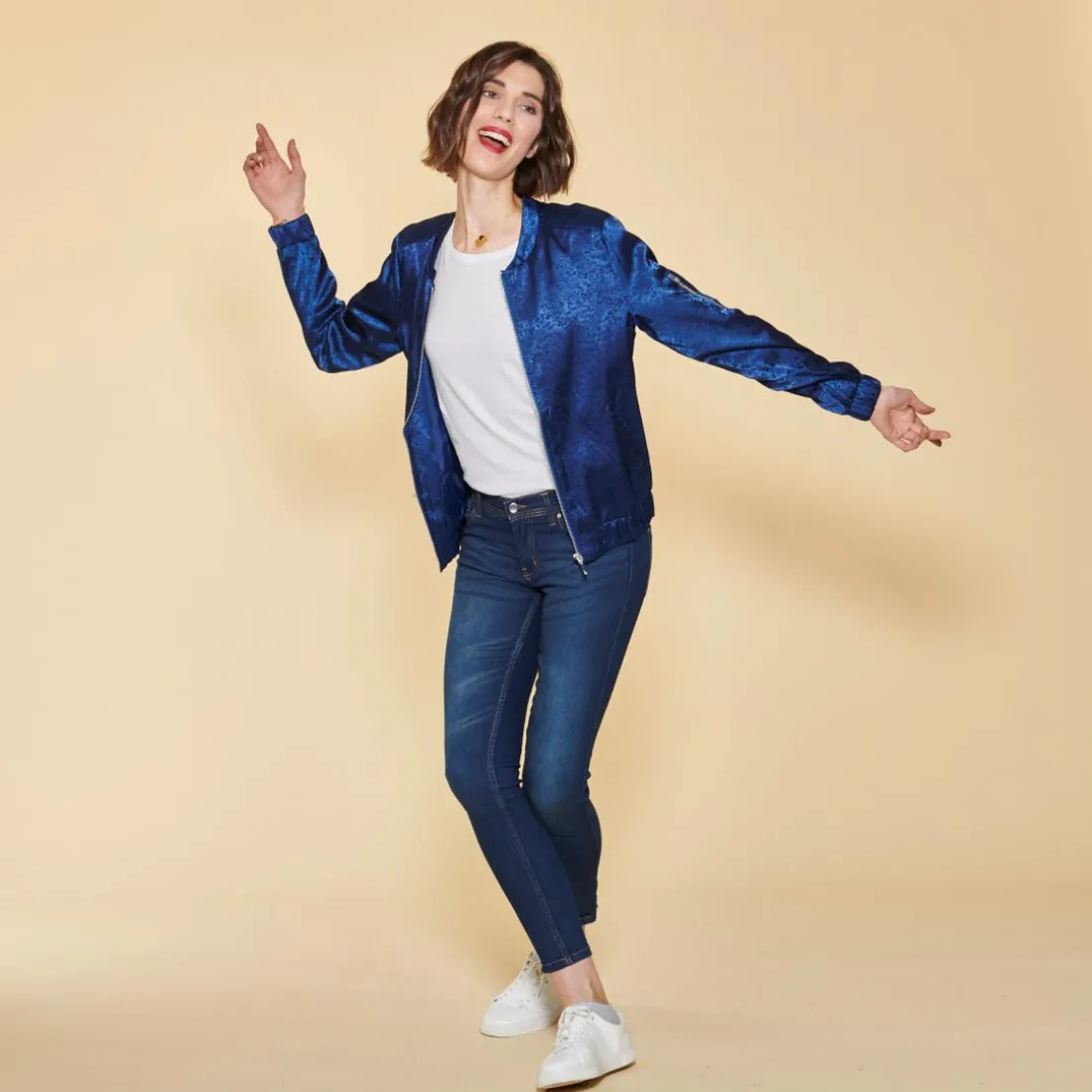 Bomber manches longues finitions en côtes femme - Bleu