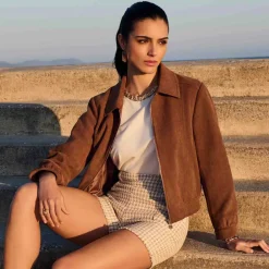 Bomber suédine femme camel en coton