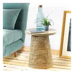 Bout de canapé avec plateau en bambou beige et pied rotin