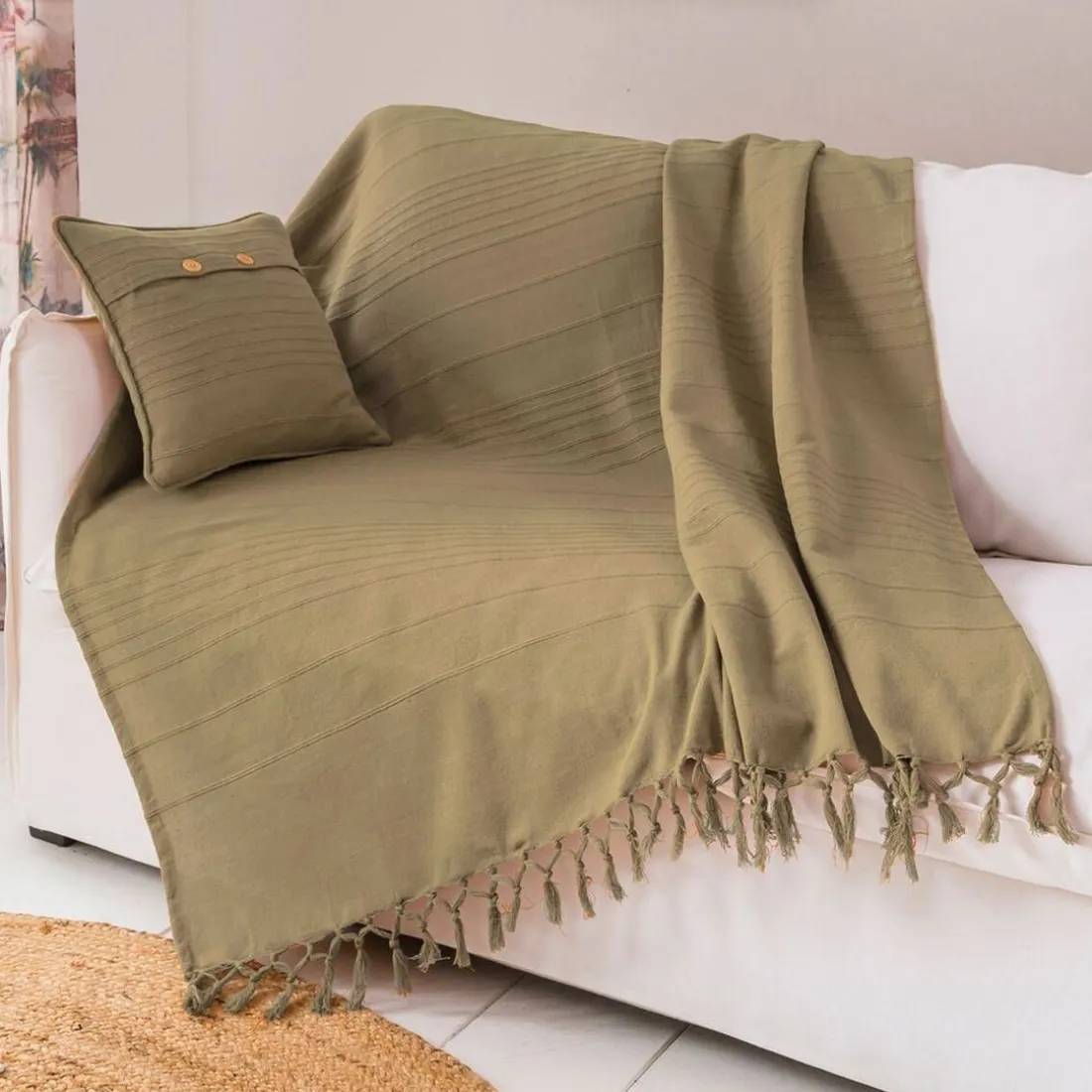 Boutis, plaid ou jeté de canapé uni en coton ORION- beige Ficelle