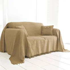 Boutis, plaid ou jeté de canapé uni en coton ORION- beige Ficelle