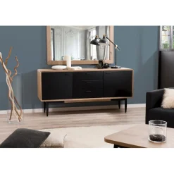Buffet 2 portes 3 tiroirs esprit atelier - Chêne Clair Cérusé / Noir