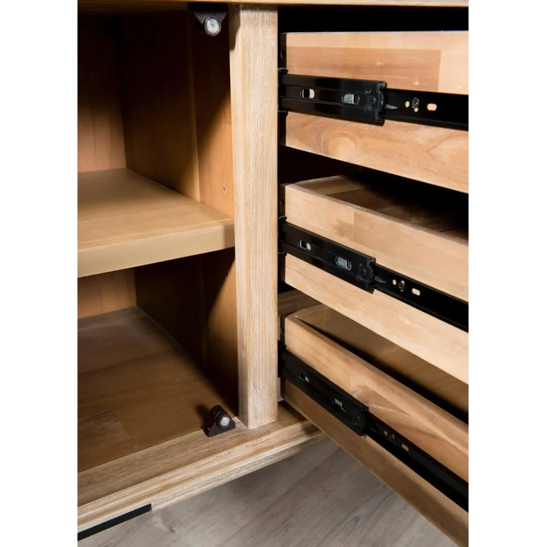 Buffet 2 portes 3 tiroirs esprit atelier - Chêne Clair Cérusé / Noir