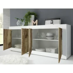 Buffet 4 portes BASIC blanc et décor chene pero