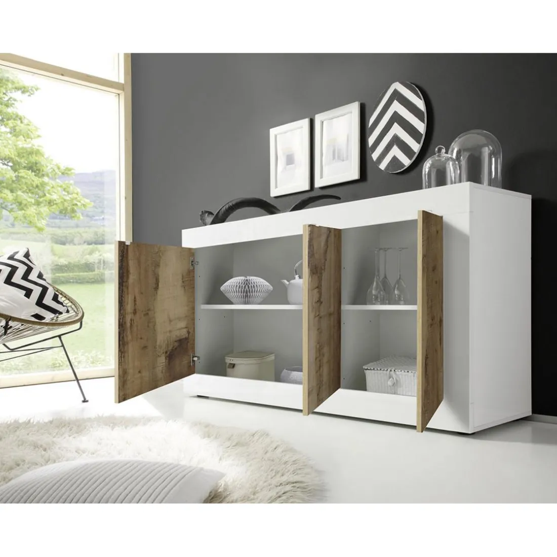 Buffet 3 portes BASIC blanc et décor chene pero