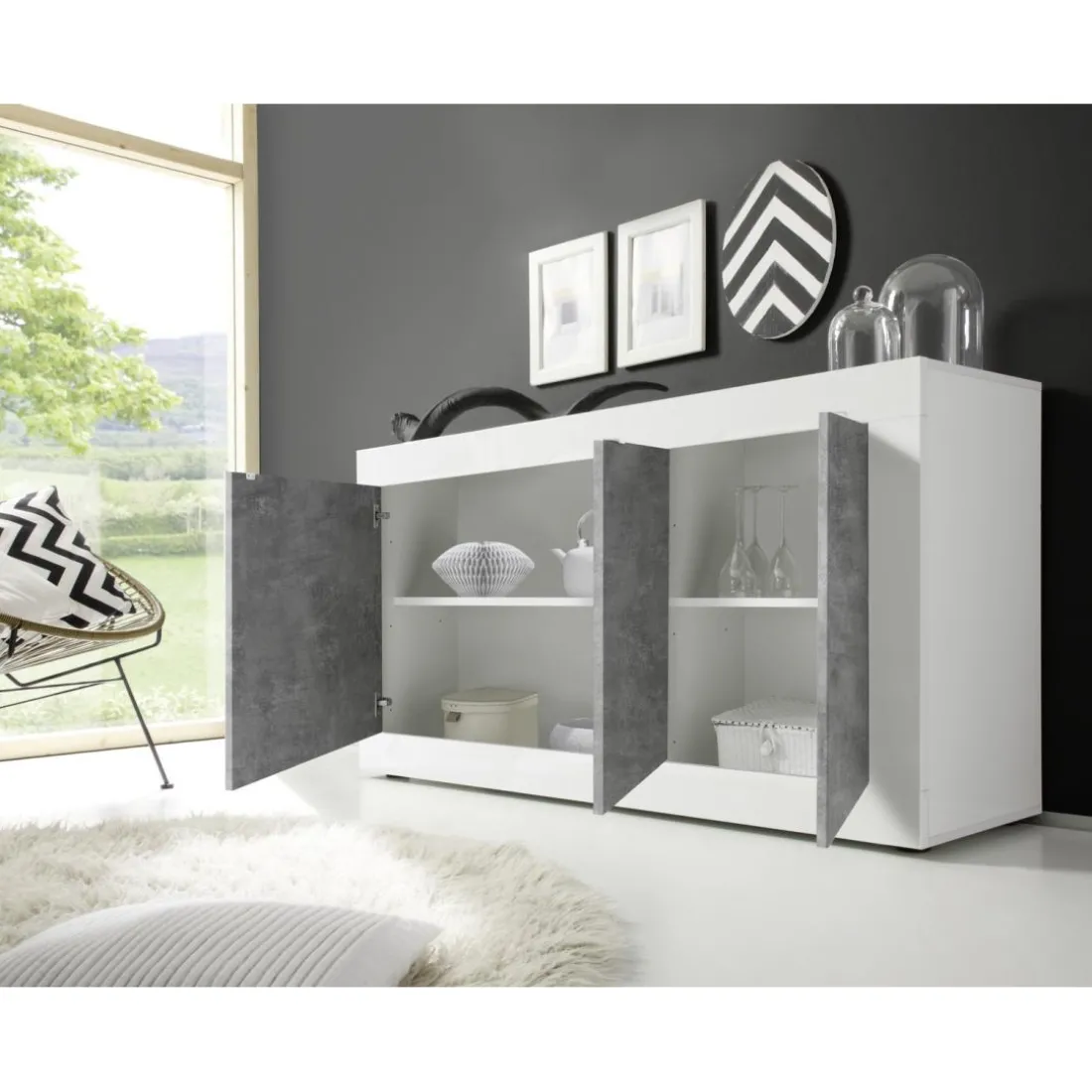 Buffet 3 portes BASIC blanc et décor beton
