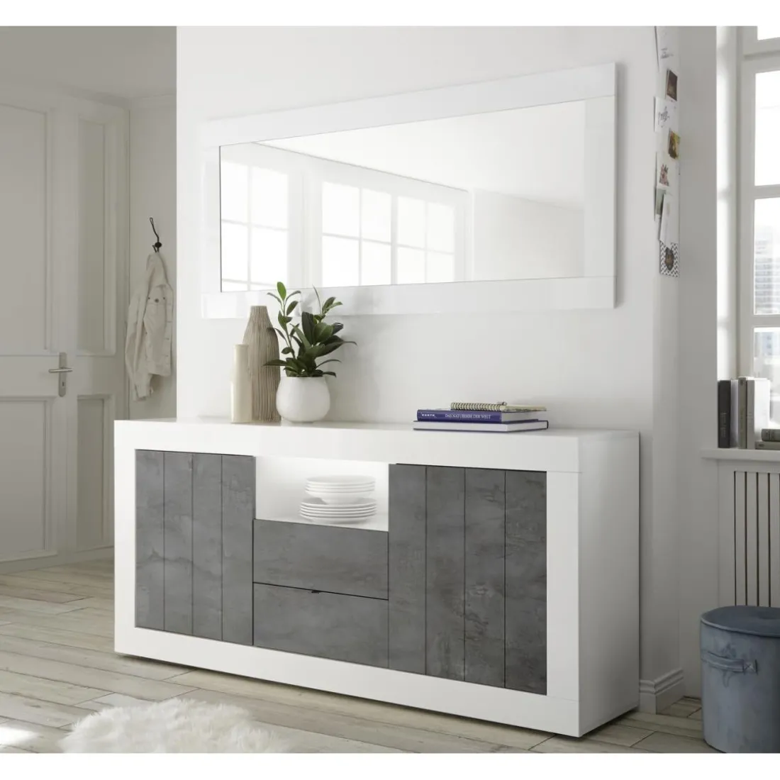 Buffet 2 portes battantes et 2 tiroirs URBINO blanc laqué et oxyde