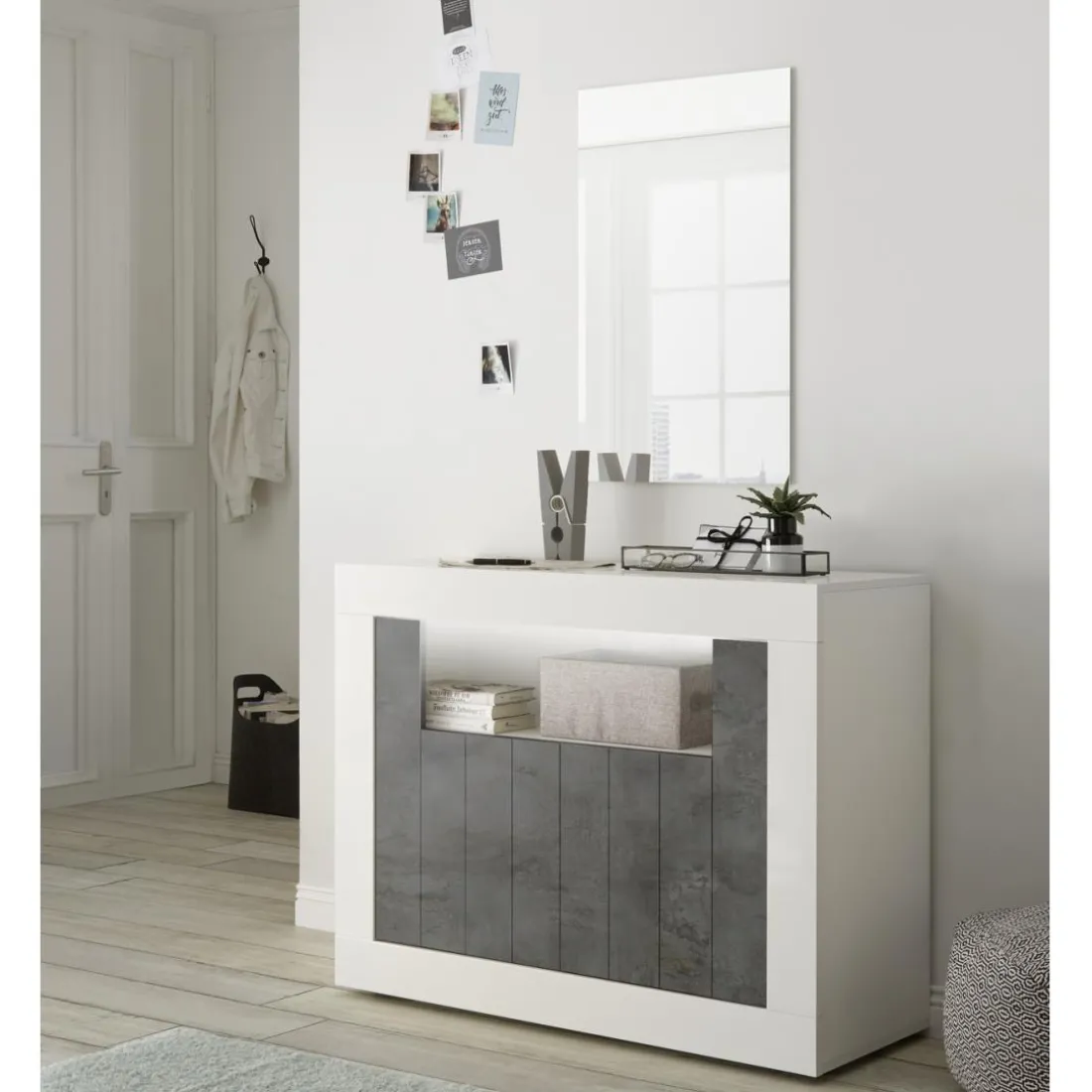 Buffet 2 portes battantes URBINO blanc laqué et oxyde