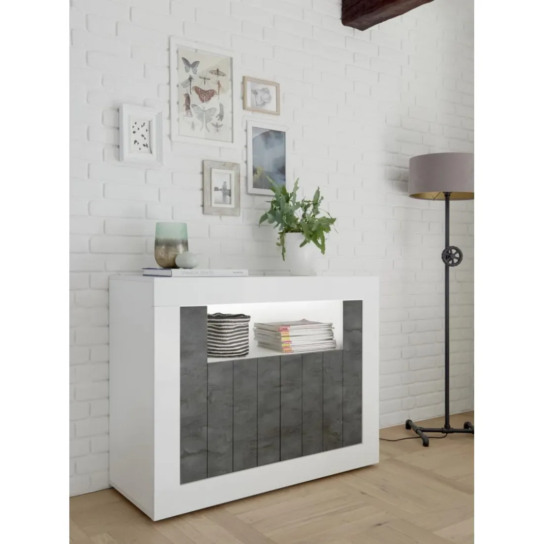 Buffet 2 portes battantes URBINO blanc laqué et oxyde
