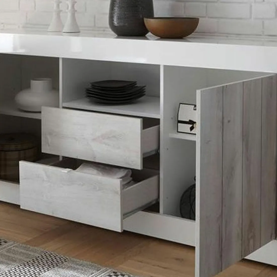 Buffet 2 portes battantes et 2 tiroirs URBINO blanc laqué et ciment