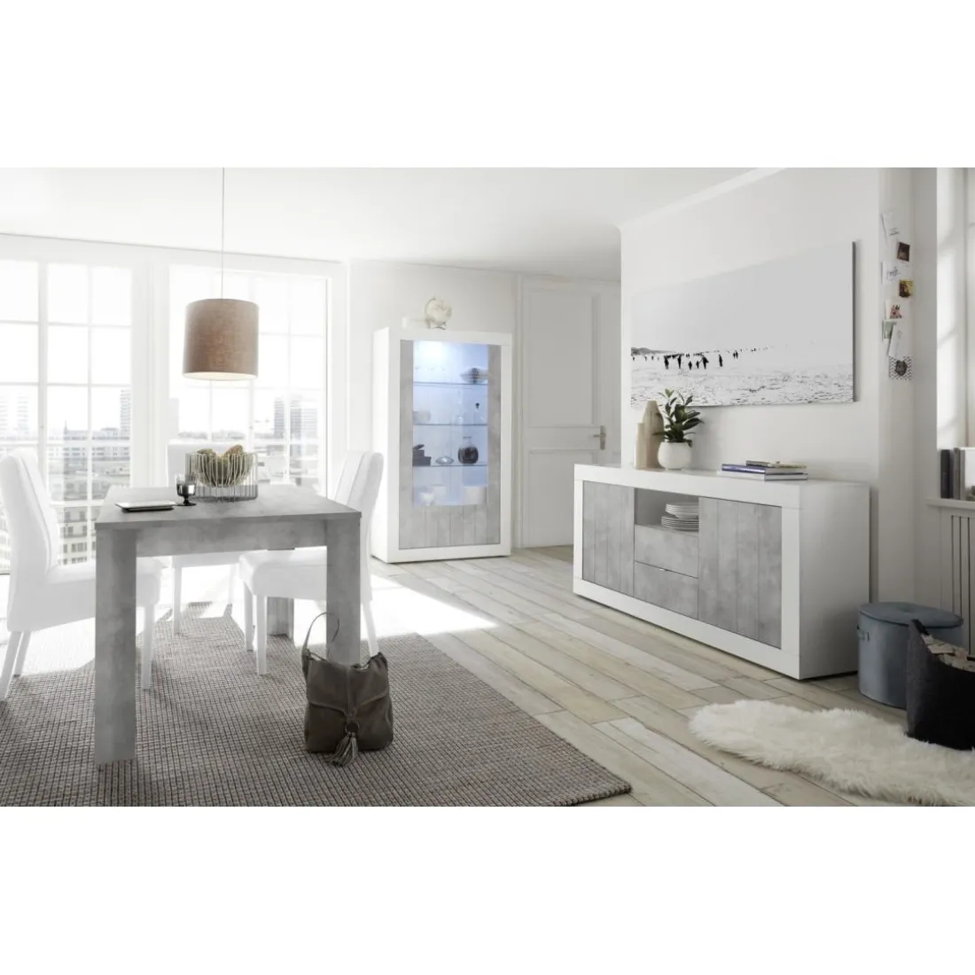 Buffet 2 portes battantes et 2 tiroirs URBINO blanc laqué et ciment