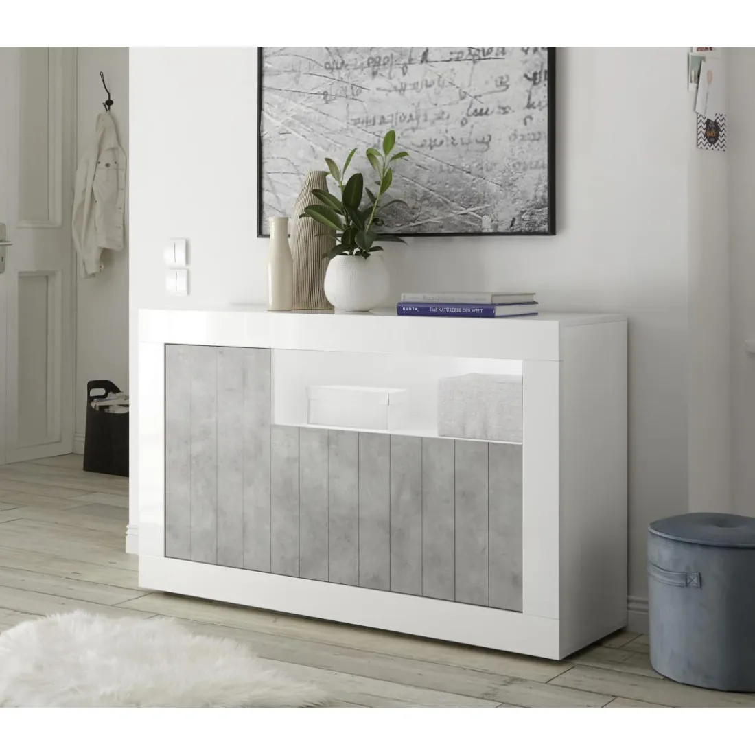 Buffet 3 portes battantes URBINO blanc laqué et cement