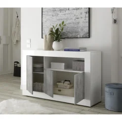 Buffet 3 portes battantes URBINO blanc laqué et cement